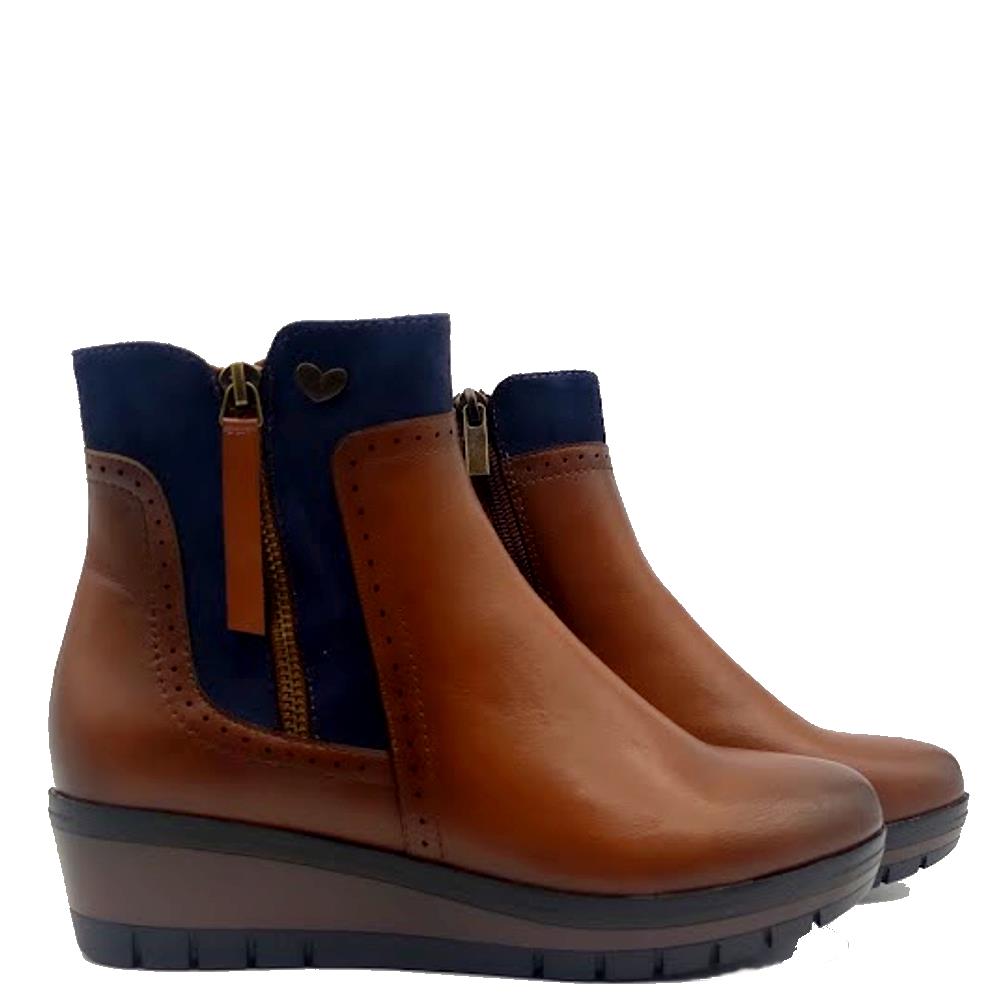 SUSST WOMENS WEDGE ZIP ANKLE BOOT TAN NAVY Paul Byron Shoes Ireland